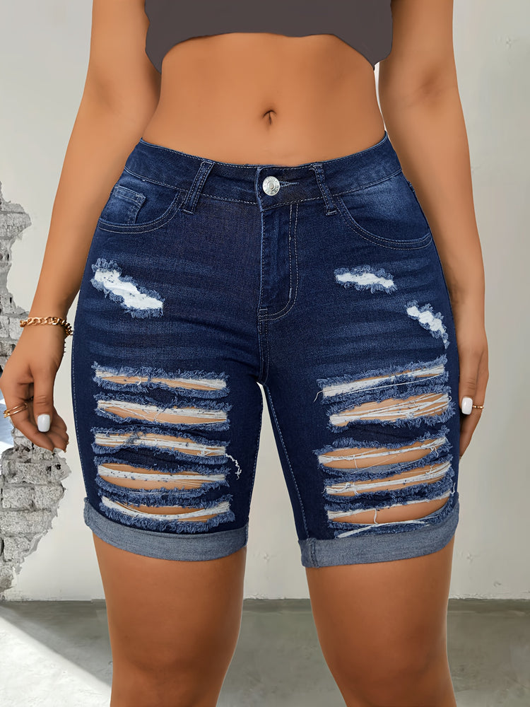 Ripped Roll Up Hem Denim Shorts, Distressed Slash Pocket Denim Shorts, Women&