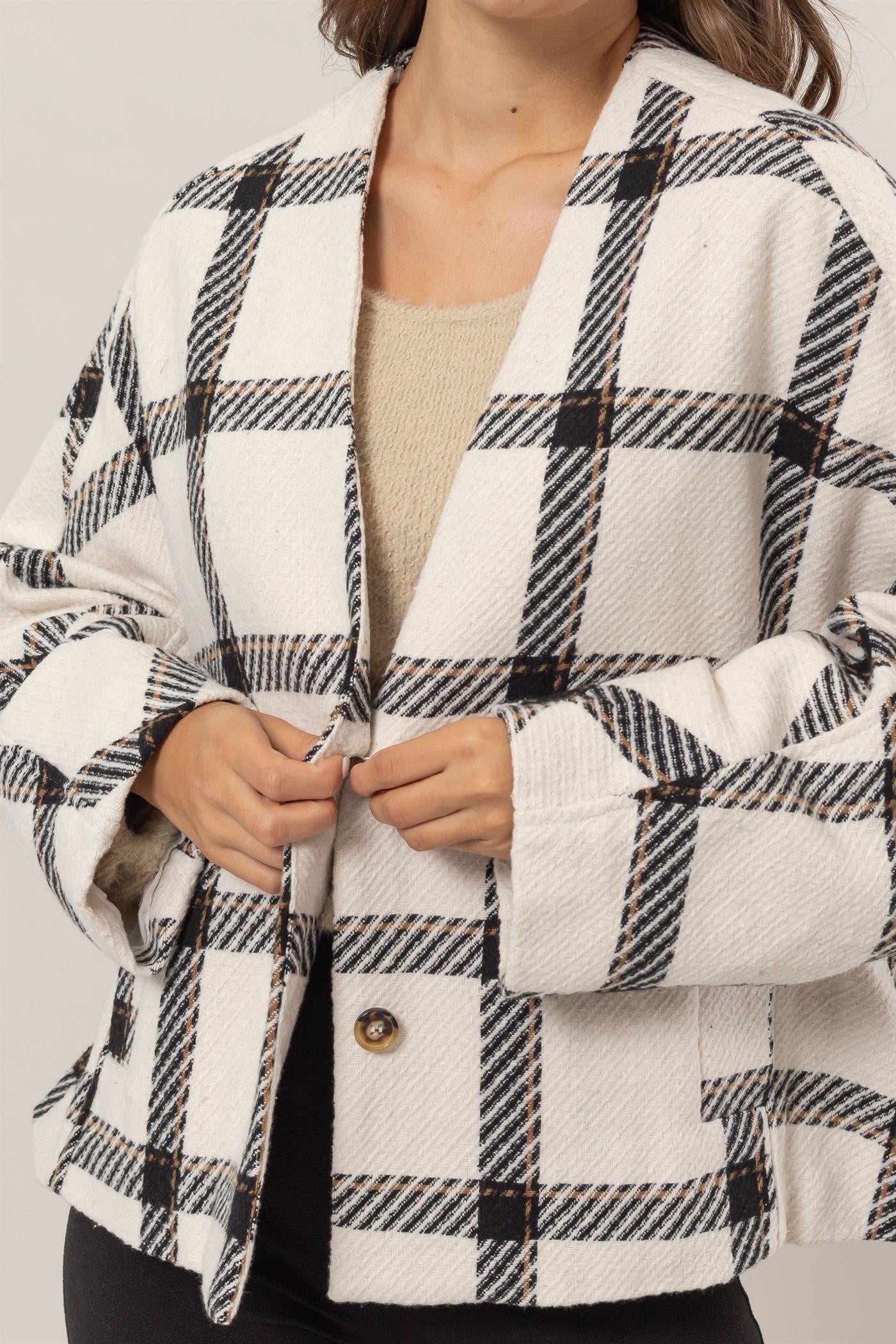 HYFVE Plaid Long Sleeve Jacket with Side Slit Pockets - MyEmpired