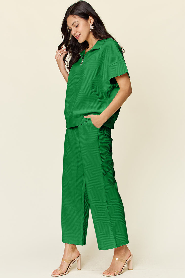 Double Take Full Size Texture Half Zip Short Sleeve Top and Pants Set - MyEmpired