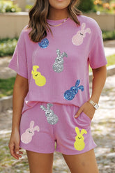Ribbed Sequined Easter Bunny T-Shirt and Shorts Set - MyEmpired