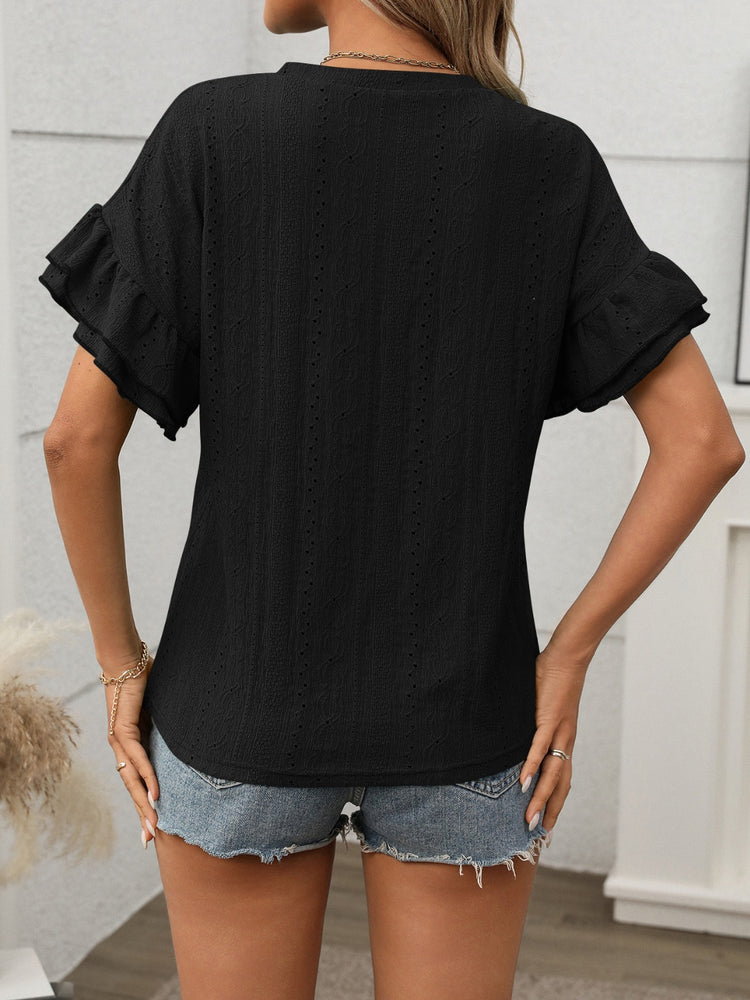Eyelet Round Neck Flounce Sleeve Top - MyEmpired