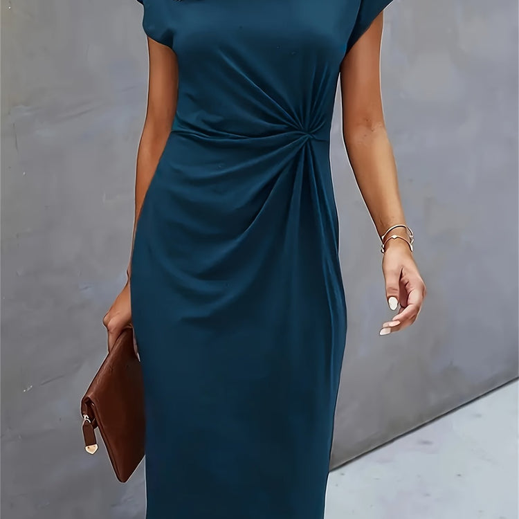 Twist Front Crew Neck Solid Dress - MyEmpired