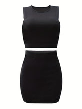 Solid Skirt 2 Piece Set, Casual Crew Neck Tank Top & Bodycon Skirt For Summer, Women&