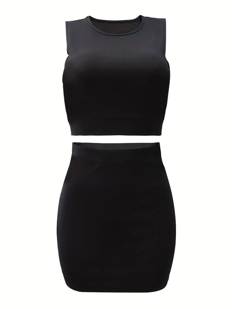 Solid Skirt 2 Piece Set, Casual Crew Neck Tank Top & Bodycon Skirt For Summer, Women&