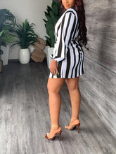 Striped Print Lantern Sleeve Dress, Casual Tie-waist Notch Neck Dress, Women&