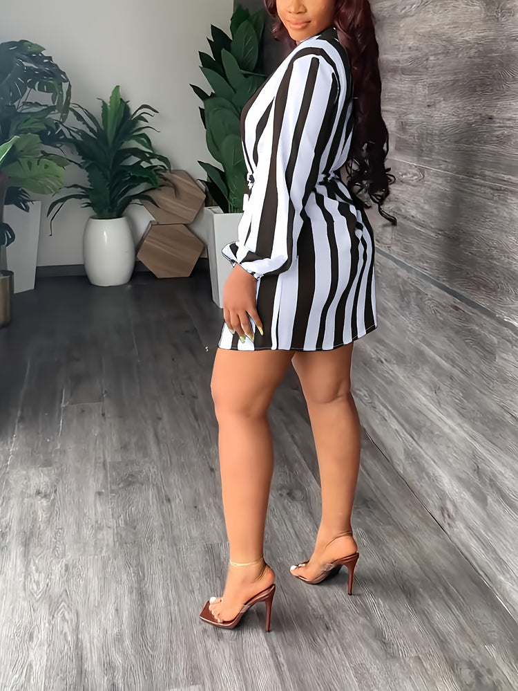 Striped Print Lantern Sleeve Dress, Casual Tie-waist Notch Neck Dress, Women&