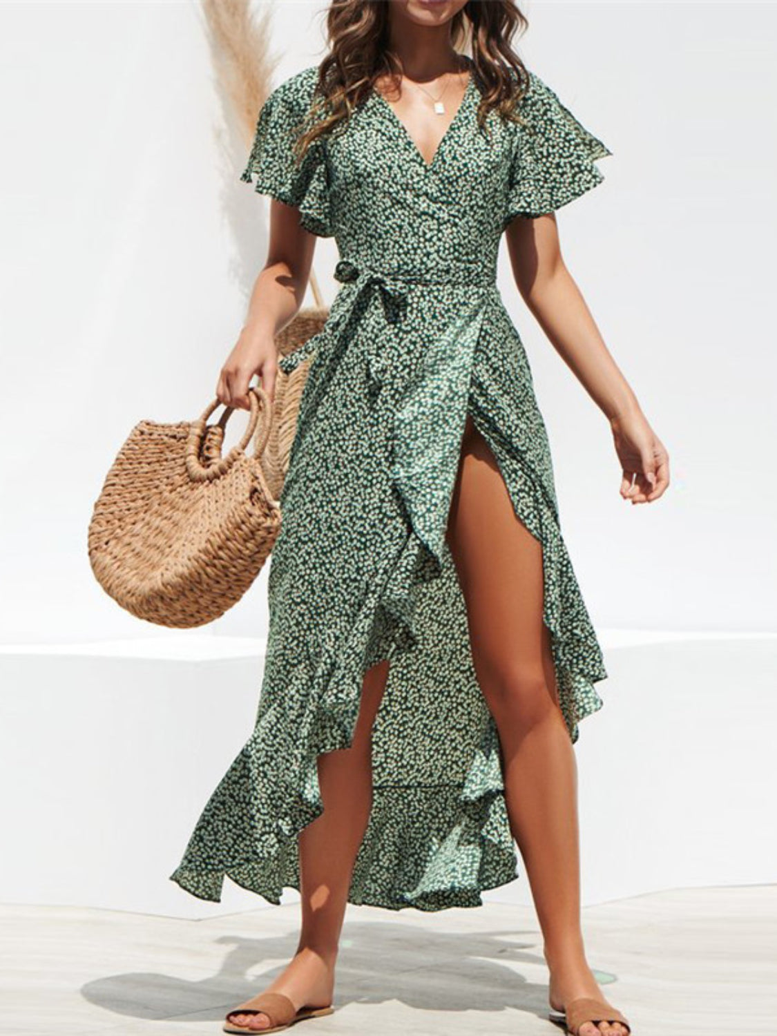 Tied Ruffled Printed Short Sleeve Midi Wrap Dress - MyEmpired