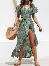 Tied Ruffled Printed Short Sleeve Midi Wrap Dress - MyEmpired