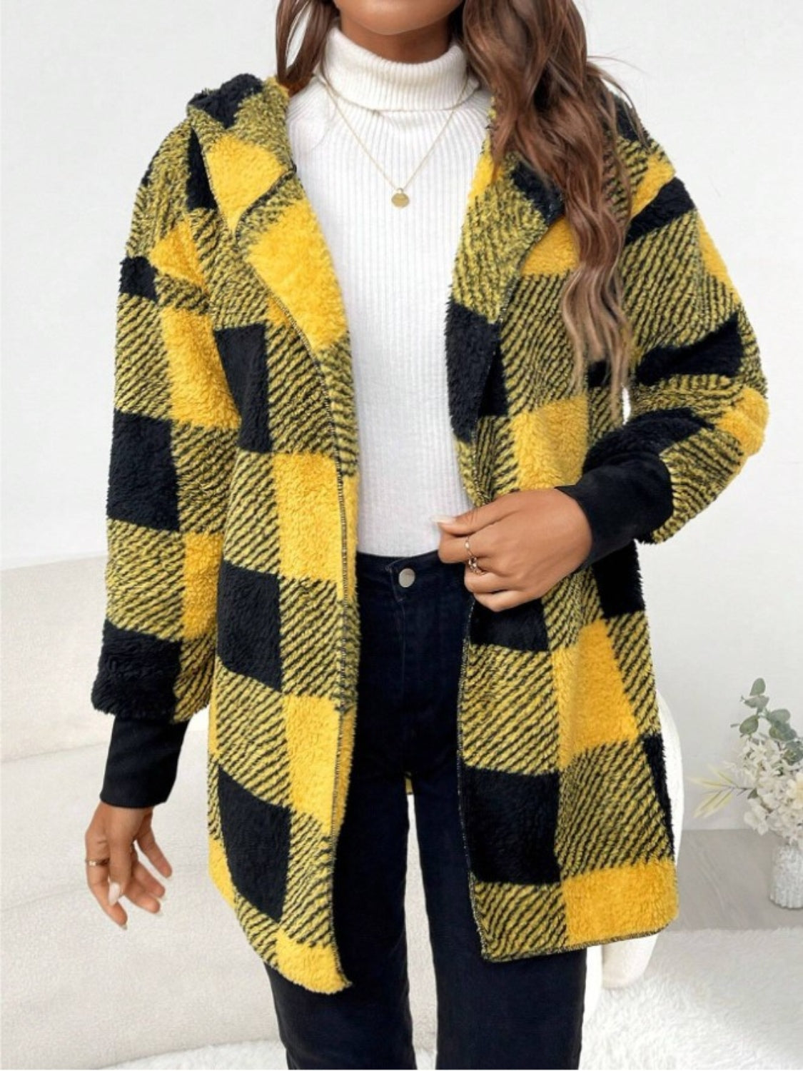 Plaid Long Sleeve Hooded Coat - MyEmpired