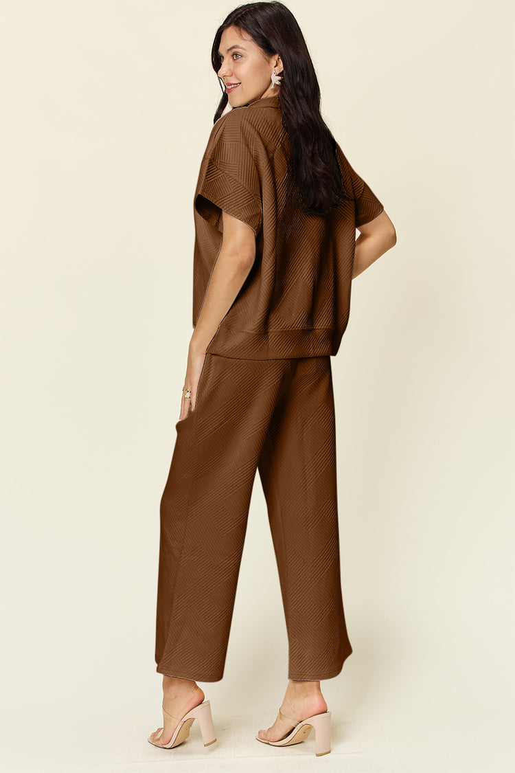Double Take Full Size Texture Half Zip Short Sleeve Top and Pants Set - MyEmpired