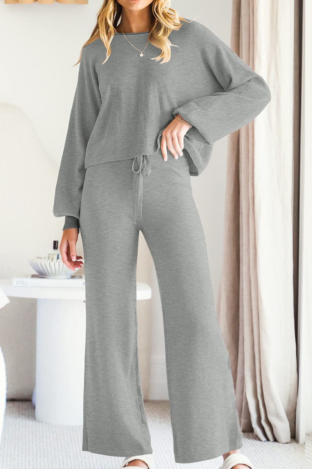 Round Neck Long Sleeve Top and Pants Set - MyEmpired