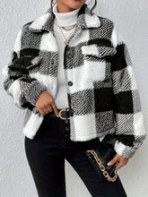 Plaid Pattern Button Front Fuzzy Coat, Casual Long Sleeve Warm Outerwear For Fall & Winter, Women&