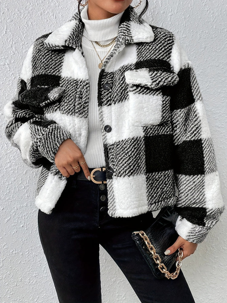 Plaid Pattern Button Front Fuzzy Coat, Casual Long Sleeve Warm Outerwear For Fall & Winter, Women&