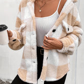Plaid Fuzzy Fall & Winter Coat, Casual Button Front Long Sleeve Warm Outerwear, Women&