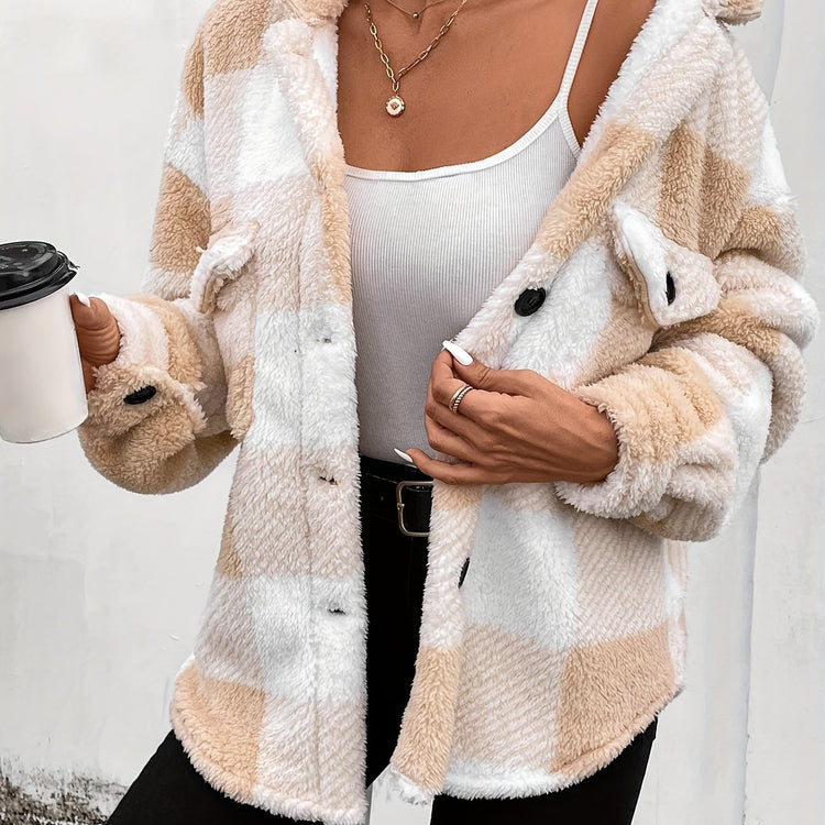 Plaid Fuzzy Fall & Winter Coat, Casual Button Front Long Sleeve Warm Outerwear, Women&