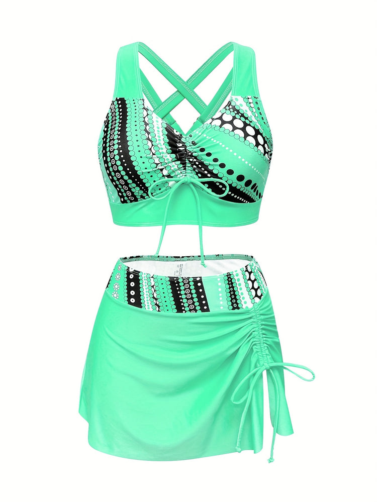 Polka Dot Print 3 Piece Set Tankini, V Neck Drawstring Front High Cut With Cover Up Skirt Swimsuits, Women&