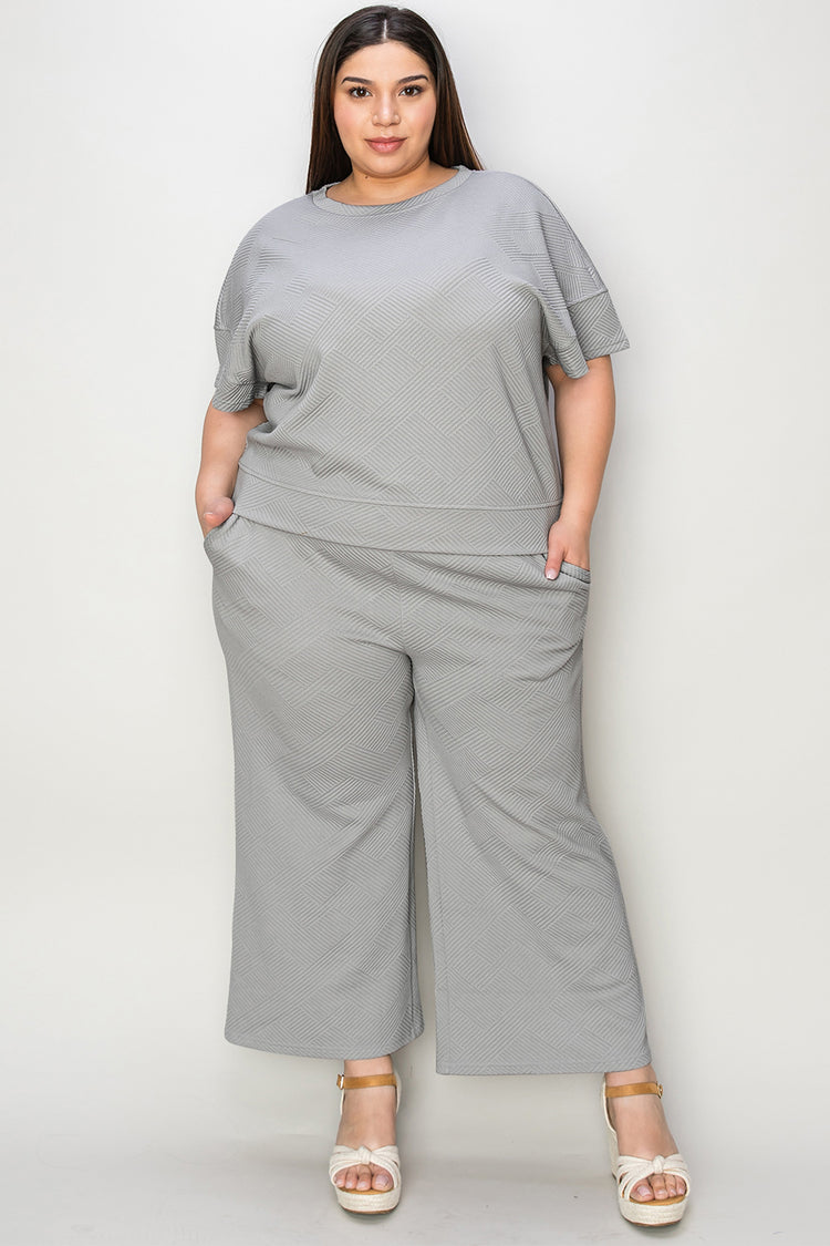 Double Take Full Size Texture Short Sleeve Top and Pants Set - MyEmpired