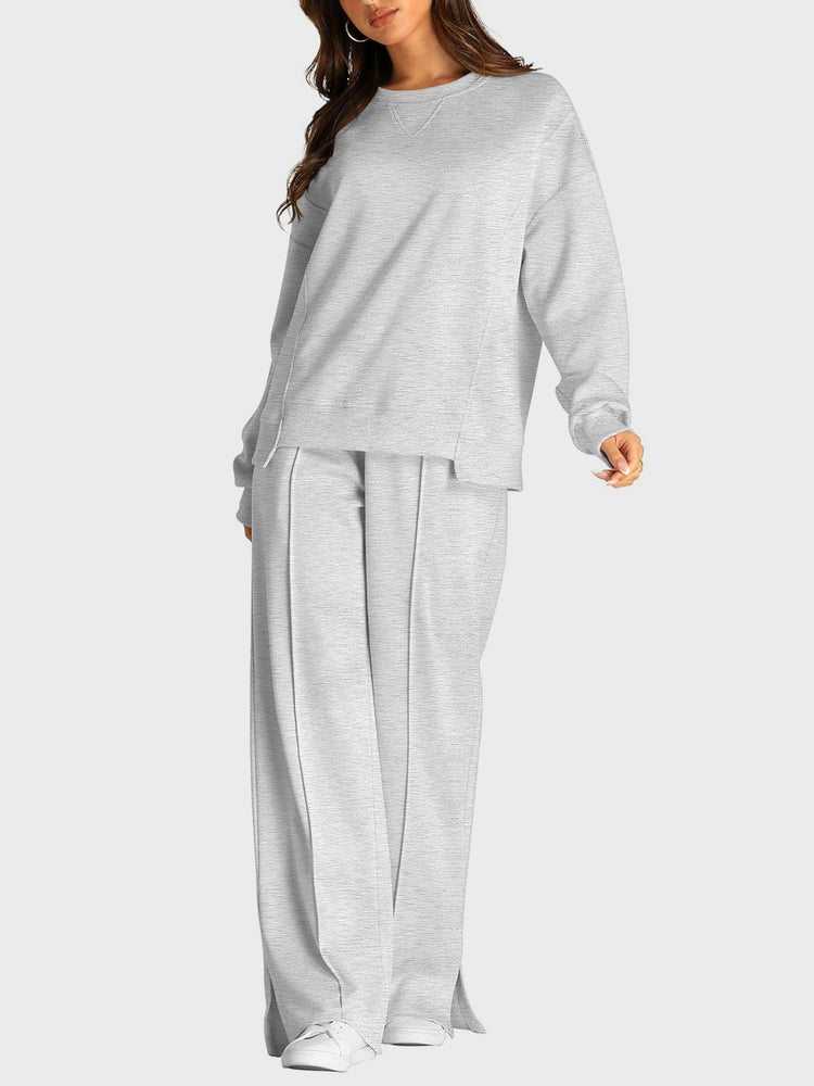 Round Neck Long Sleeve Top and Slit Pants Set - MyEmpired