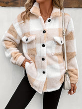 Plaid Fuzzy Fall & Winter Coat, Casual Button Front Long Sleeve Warm Outerwear, Women&