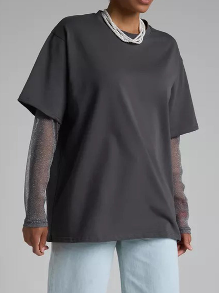 Faux Layered Round Neck Mesh Sleeve Top - MyEmpired