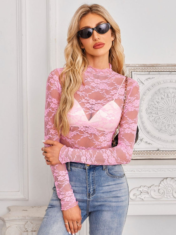 Mock Neck Long Sleeve Lace Sheer Top - MyEmpired