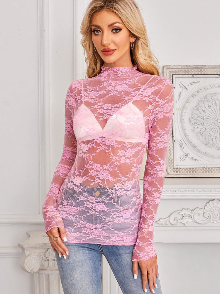 Mock Neck Long Sleeve Lace Sheer Top - MyEmpired