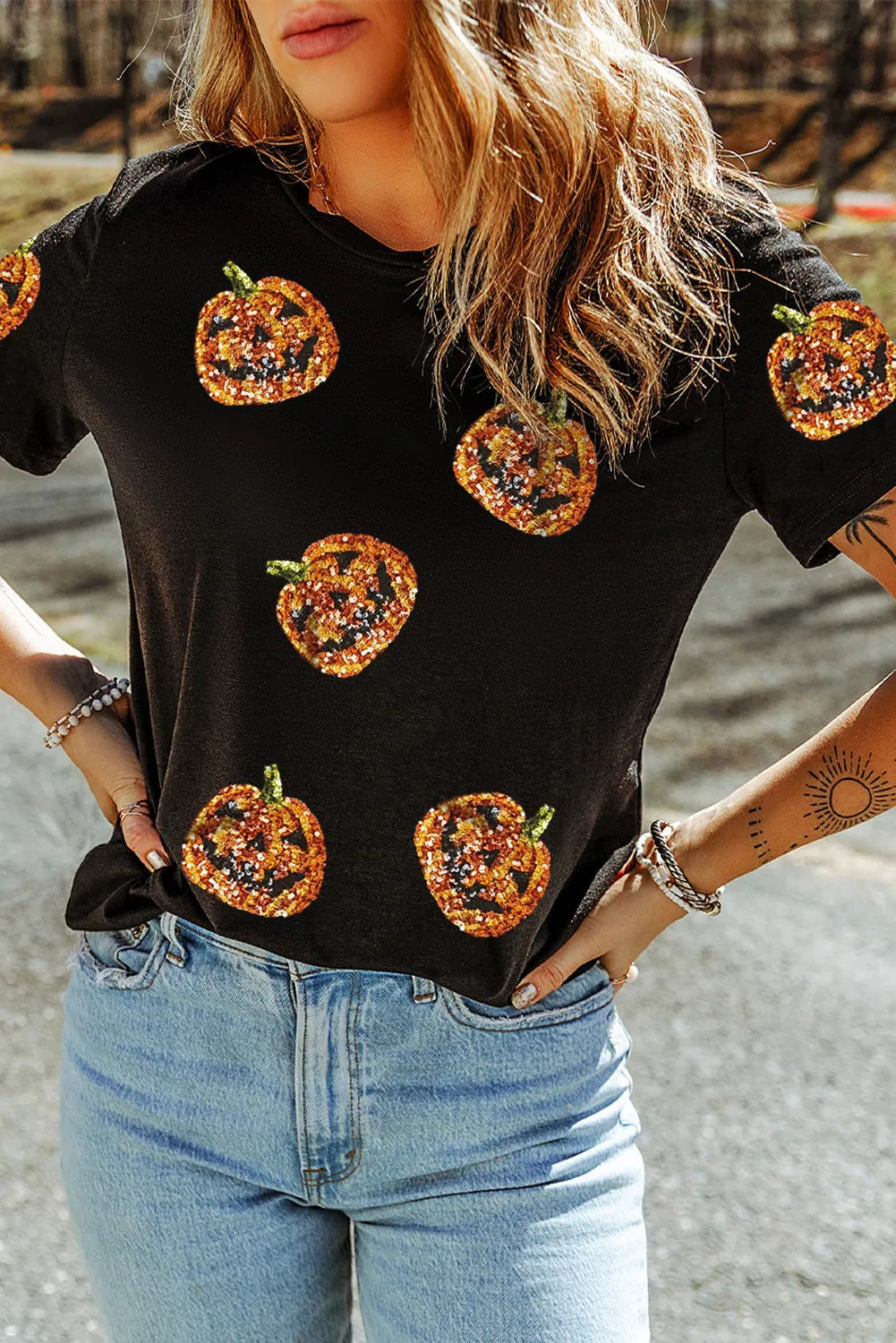 Sequin Pumpkin Round Neck Short Sleeve T-Shirt - MyEmpired