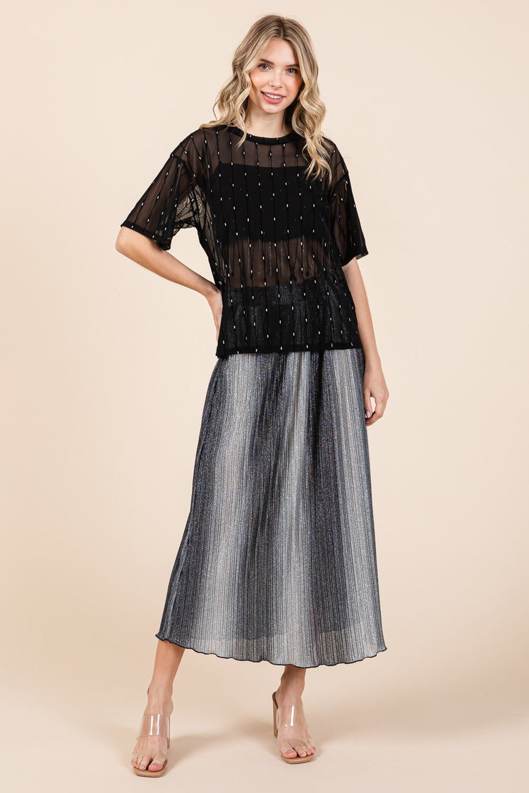 GeeGee Round Neck Drop Shoulder Mesh Glitter Top - MyEmpired
