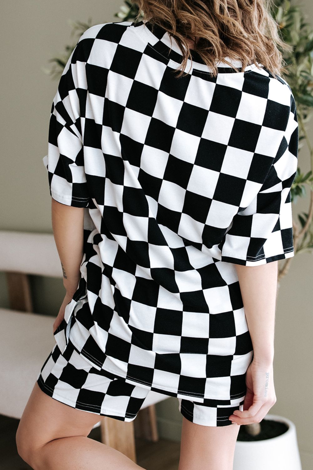 Checkerboard V Neck Loose Tee and Shorts Set - MyEmpired
