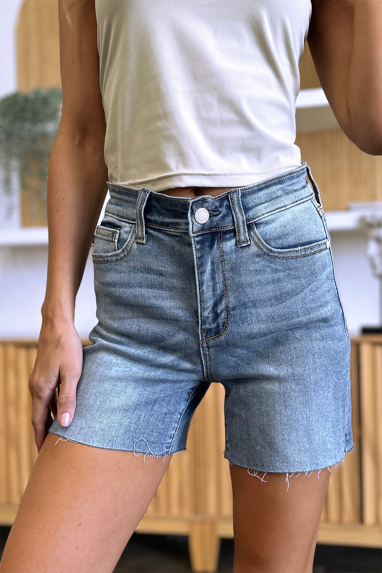 Judy Blue Full Size High Waist Raw Hem Denim Shorts - MyEmpired