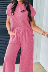 Corded Knit Short Sleeve T-Shirt and Wide Leg Pants Set - MyEmpired