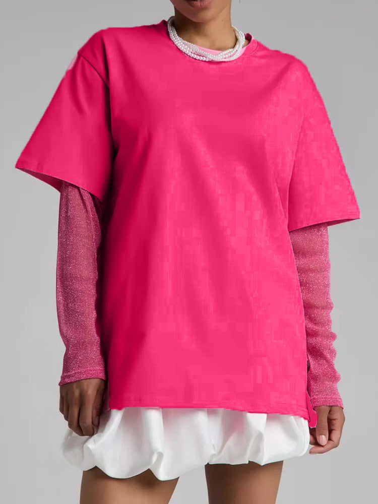 Faux Layered Round Neck Mesh Sleeve Top - MyEmpired