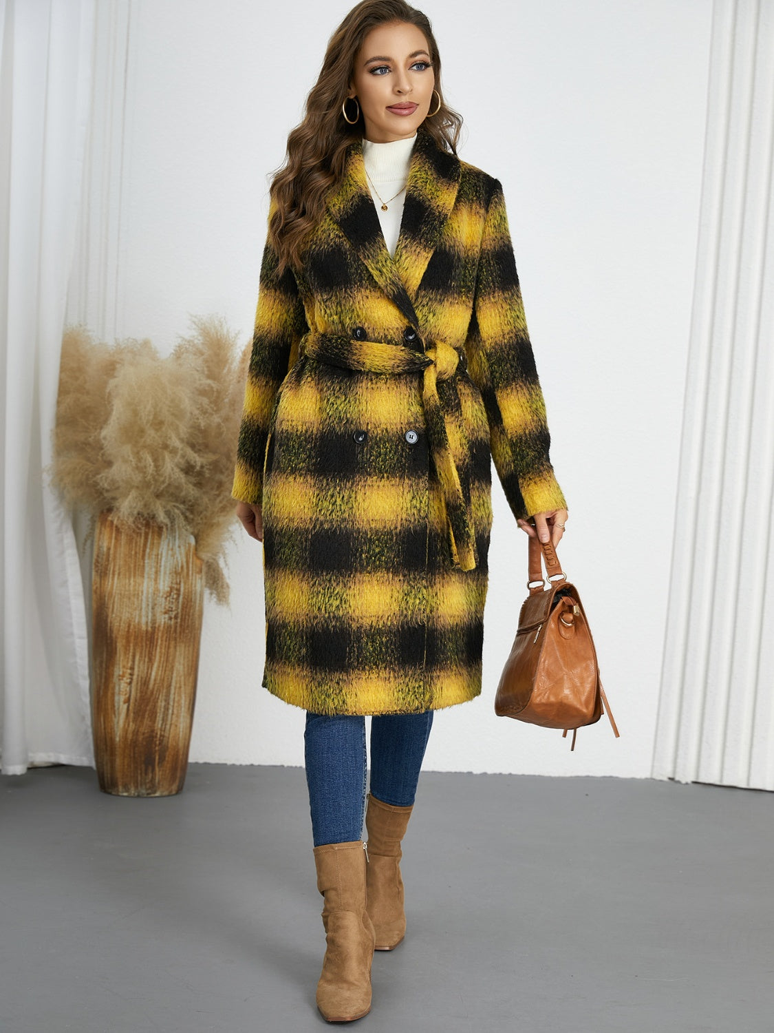 Plaid Tie Waist Long Sleeve Coat - MyEmpired