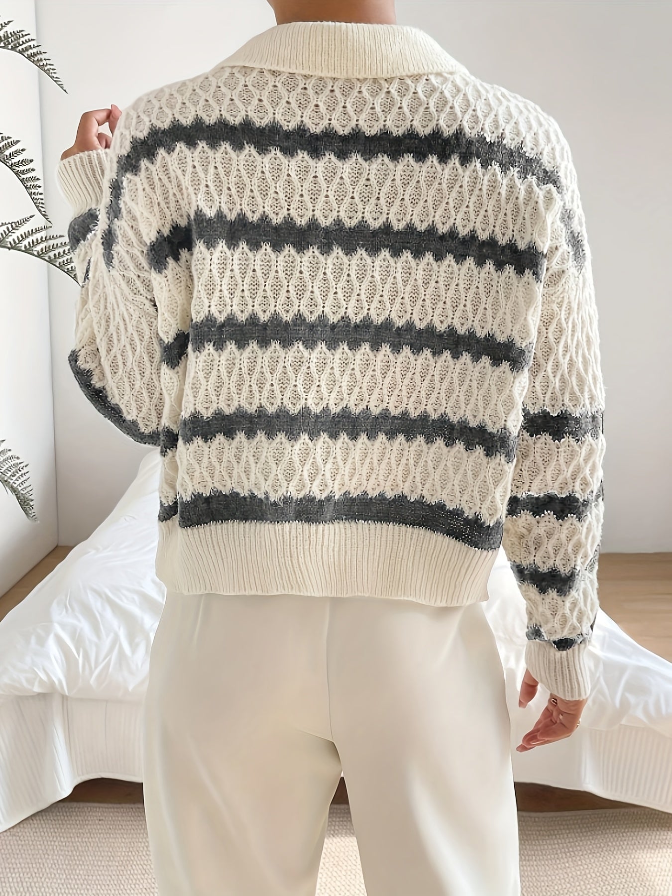 Striped Cable Knit Sweater, Elegant Collared Long Sleeve Drop Shoulder Sweater For Fall & Winter, Women&