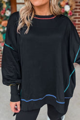 Slit Round Neck Lantern Sleeve Sweatshirt - MyEmpired