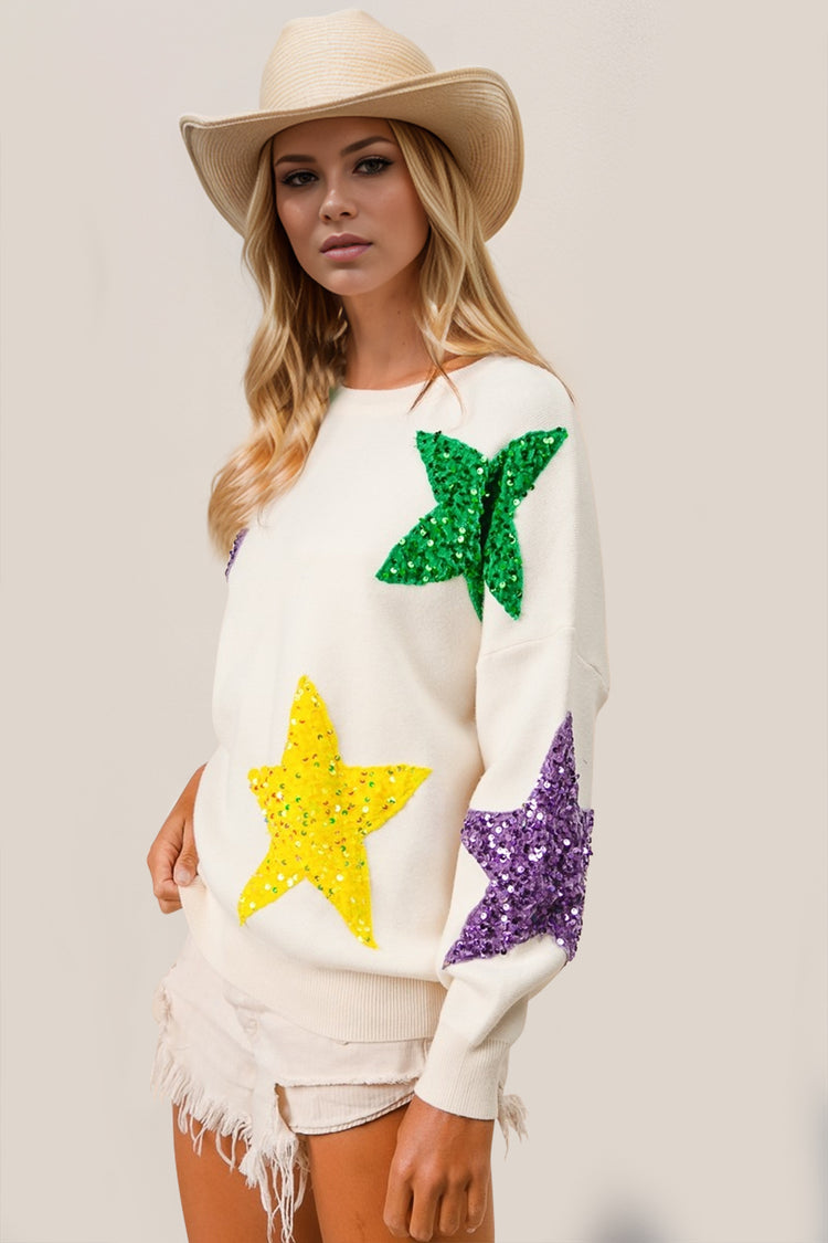 Double Take Sequin Star Round Neck Dropped Shoulder Sweater - MyEmpired