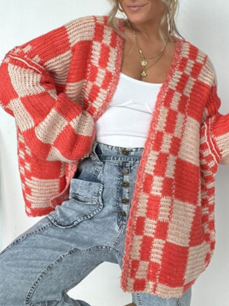 Plaid Open Front Long Sleeve Cardigan - MyEmpired