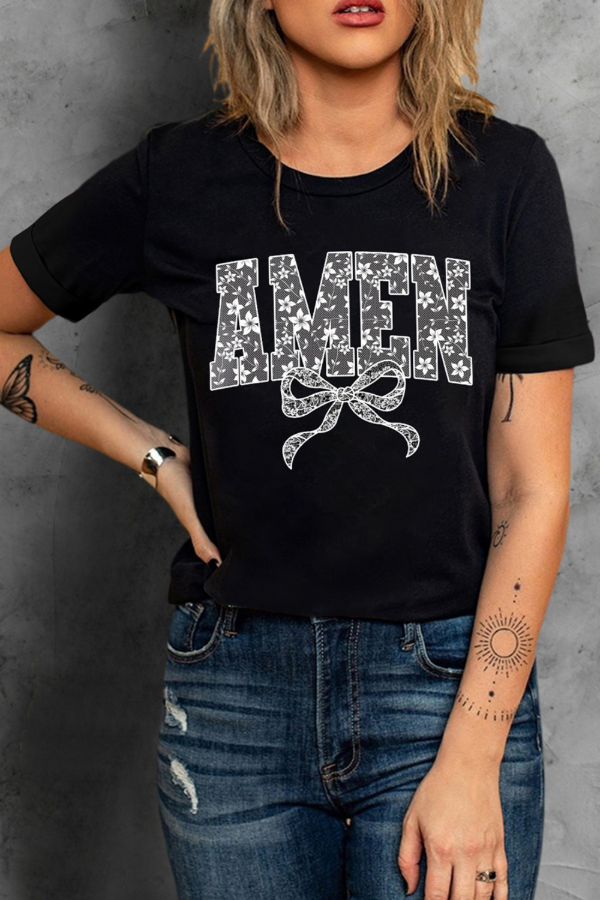 AMEN Bow Round Neck Short Sleeve T Shirt - MyEmpired