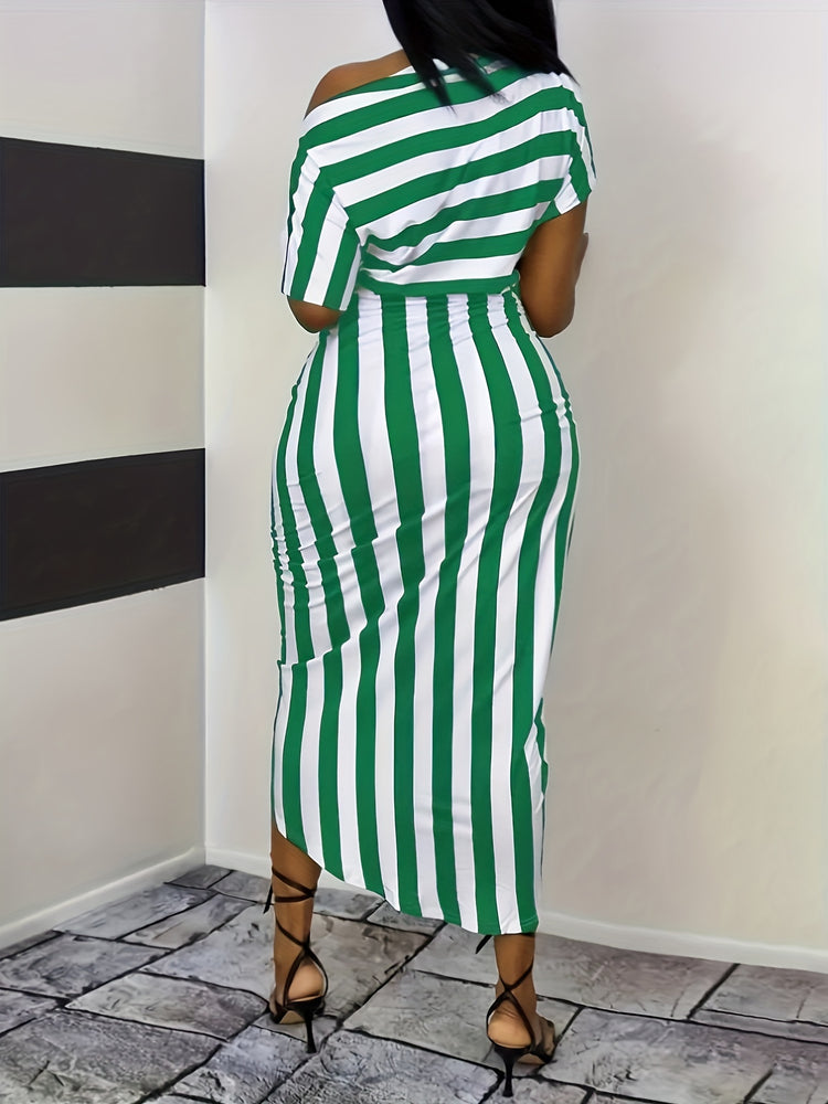 Striped One Shoulder Split Dress - MyEmpired