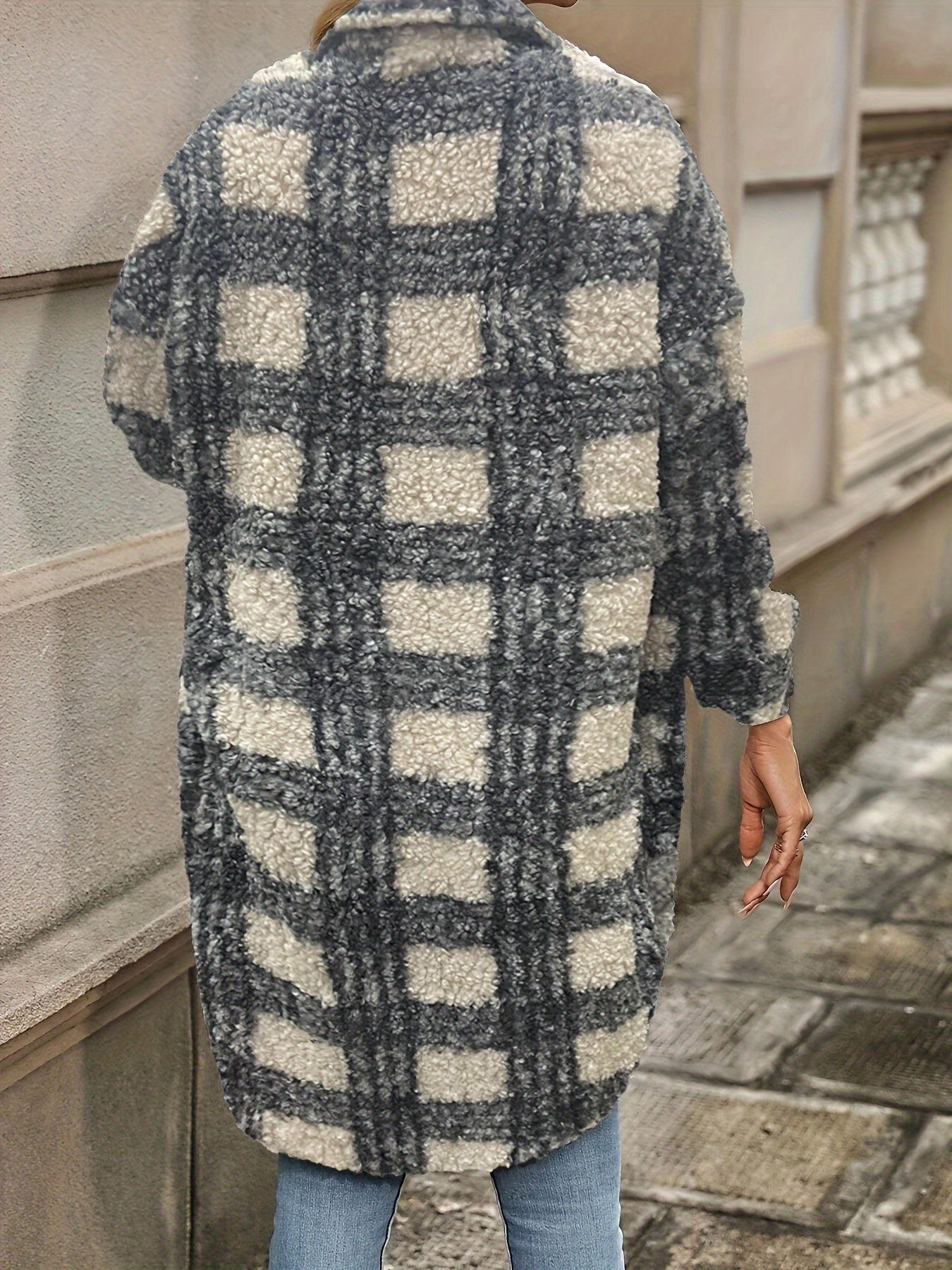 Plaid Pattern Button Front Fuzzy Jacket, Casual Thermal Long Sleeve Long Length Collar Coat For Fall & Winter, Women&