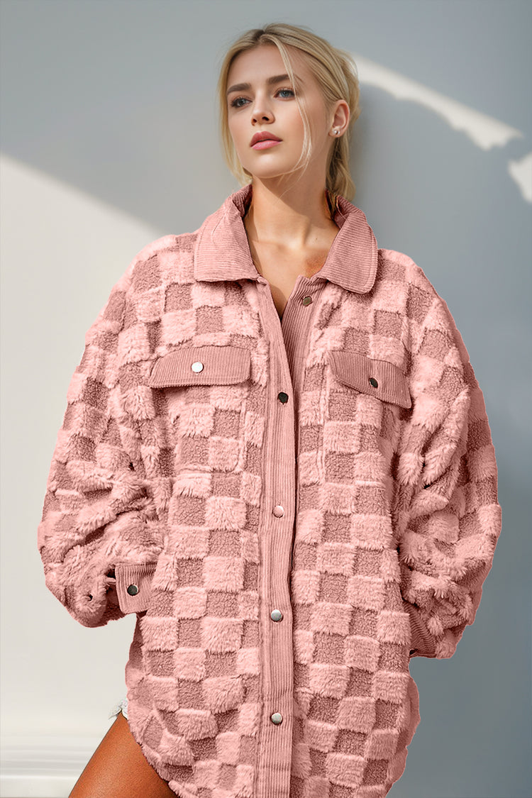Double Take Button Up Fuzzy Checkered Shacket - MyEmpired