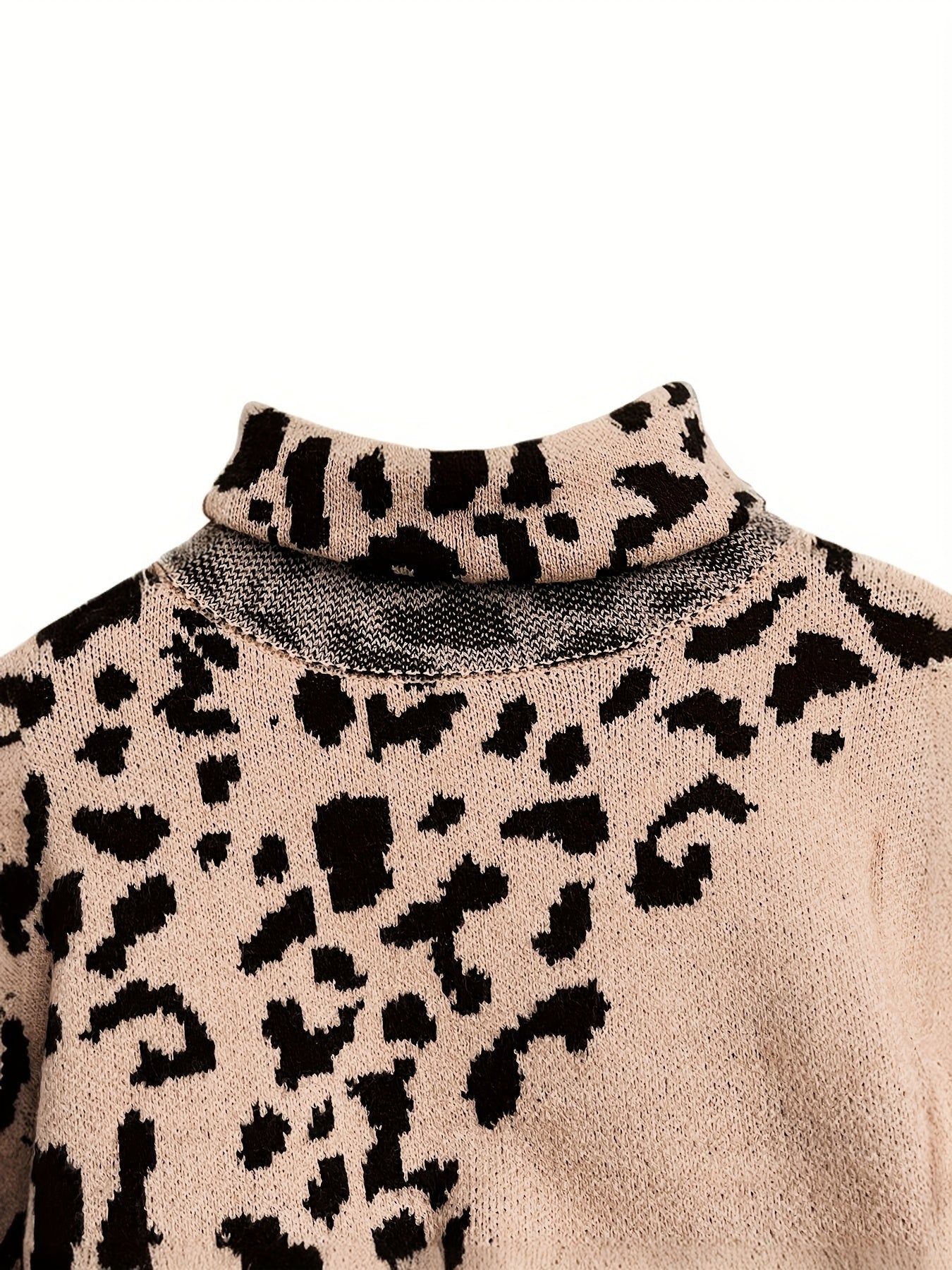 Elegant Leopard Print Turtleneck Sweater for Women - Cozy Long Sleeve Pullover with Drop Shoulder Design, Perfect for Fall/Winter - MyEmpired