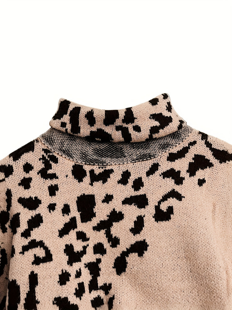 Elegant Leopard Print Turtleneck Sweater for Women - Cozy Long Sleeve Pullover with Drop Shoulder Design, Perfect for Fall/Winter - MyEmpired