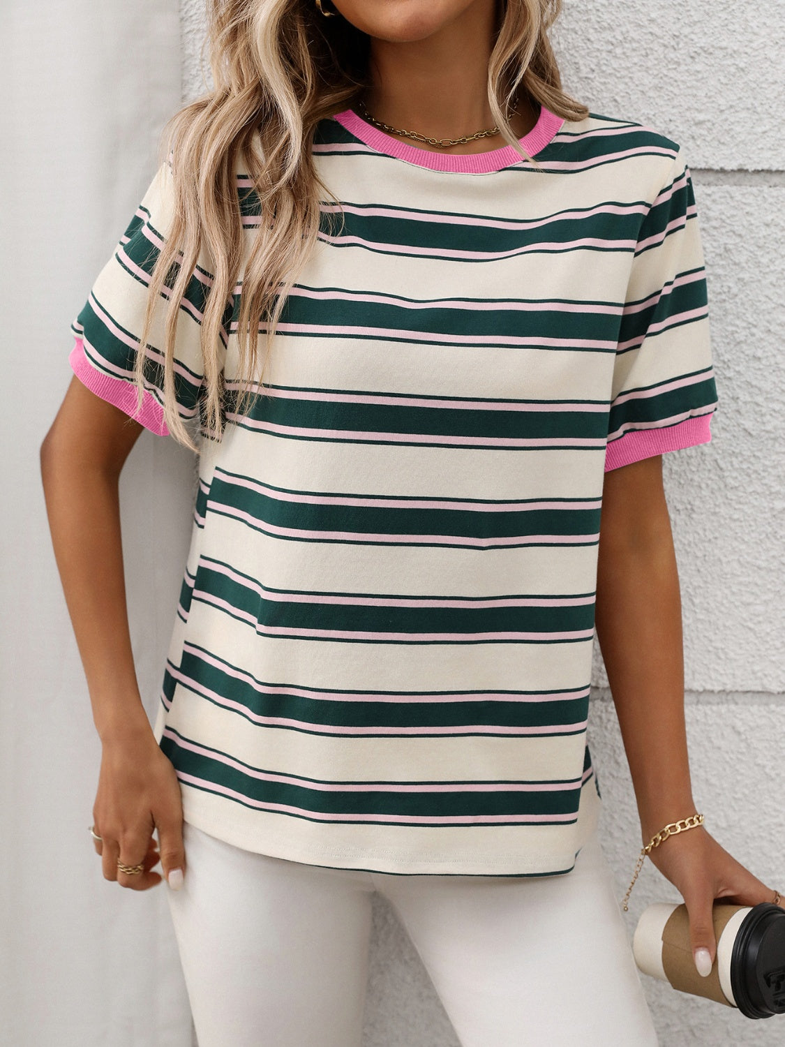Contrast Striped Round Neck Short Sleeve T-Shirt - MyEmpired