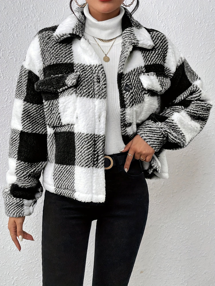 Plaid Pattern Button Front Fuzzy Coat, Casual Long Sleeve Warm Outerwear For Fall & Winter, Women&