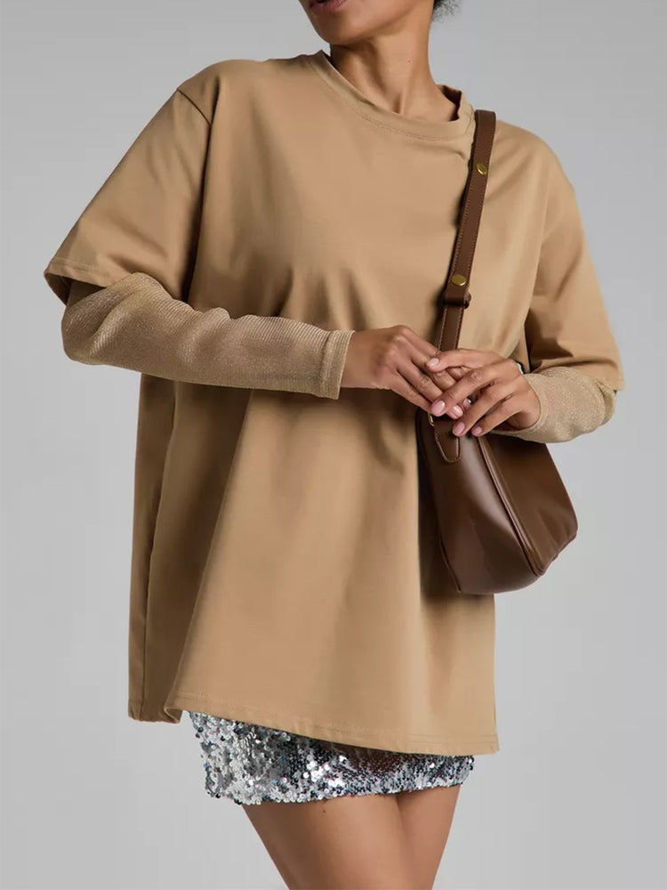 Faux Layered Round Neck Mesh Sleeve Top - MyEmpired