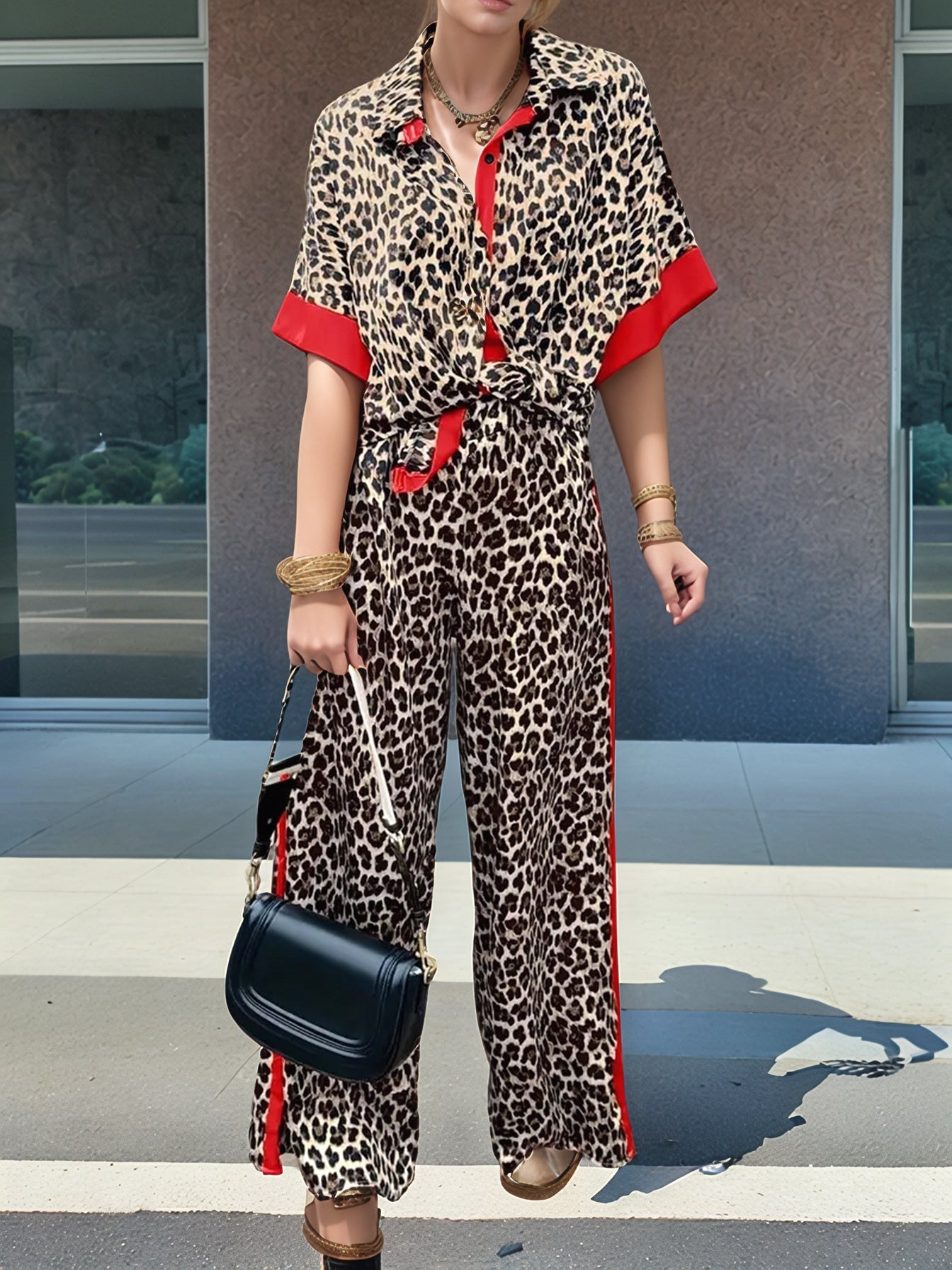 Leopard Half Sleeve Top and Wide Leg Pants Set - MyEmpired