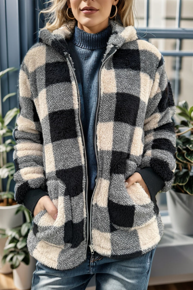 Double Take Full Size Plaid Long Sleeve Hooded Coat - MyEmpired