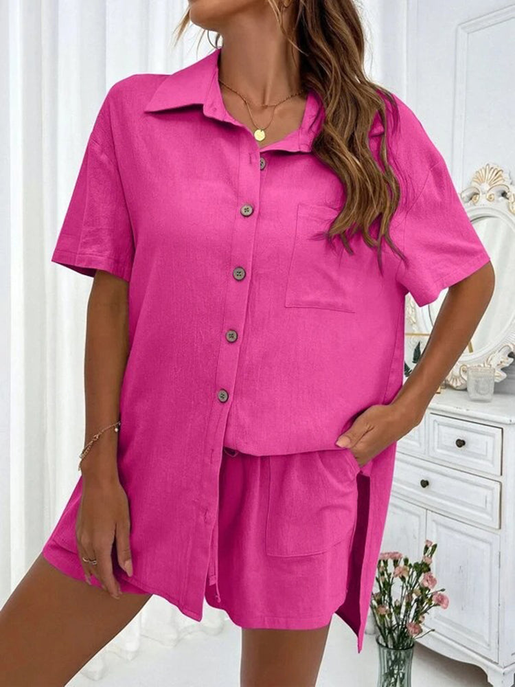 Button Up Shirt and Drawstring Shorts Set - MyEmpired