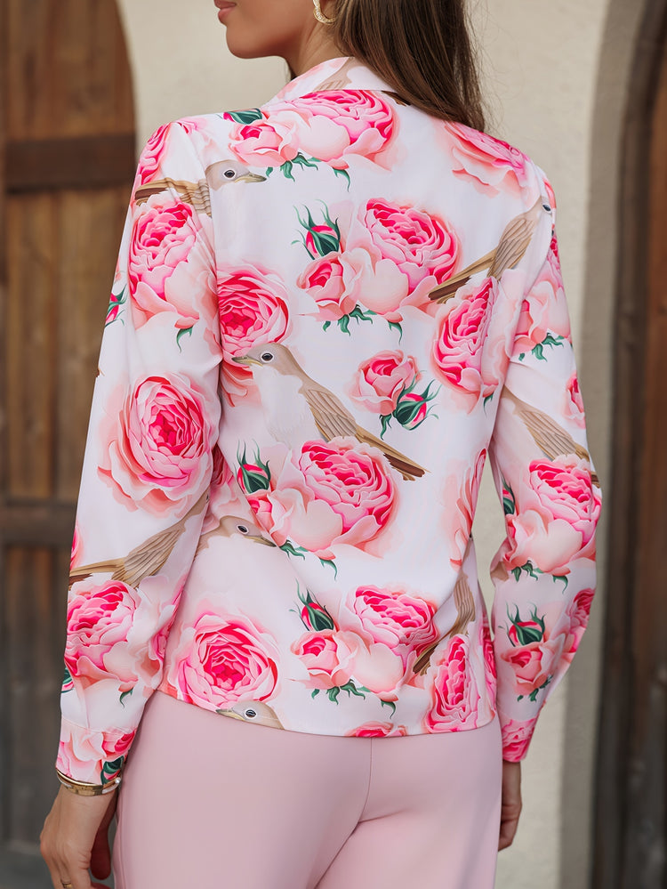 Rose Print Button Front Blouse, Elegant Long Sleeve Knot Hem Crop Blouse For Spring & Fall, Women&